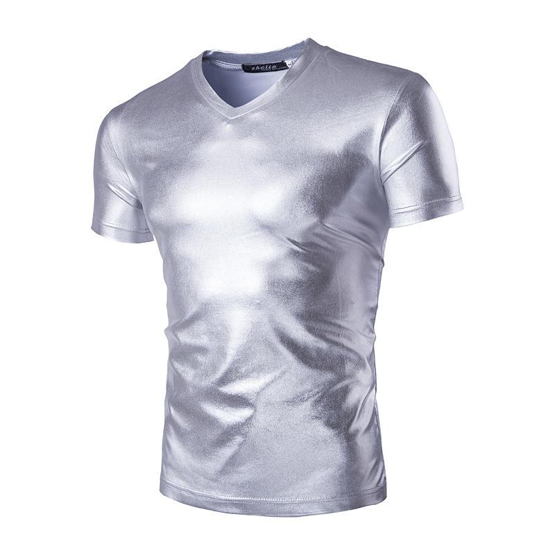 Tシャツ メンズ Vネック 無地 光沢感 半袖 トップス カジュアル パーティーシーン スタイリッシュ セクシー スリムフィット 綿混 春夏