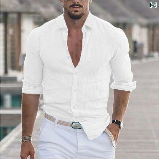 シャツ メンズ 綿麻 コットン リネン オープンカラー 開襟 長袖 無地 ゆったり ルーズフィット ビーチ リゾート カジュアル 普段使い 春夏 白 黒 カーキ イージーケア ノーアイロン