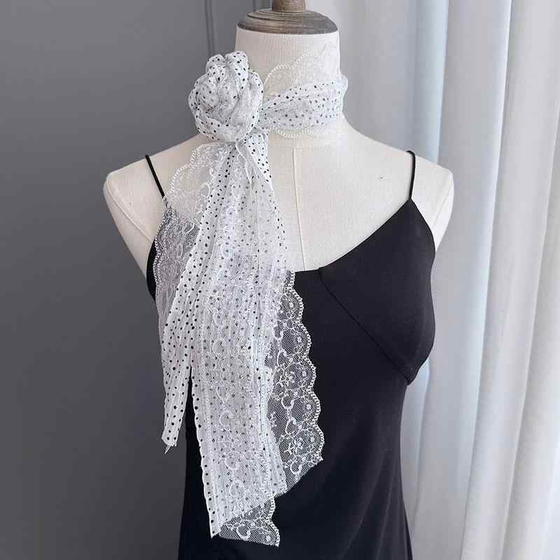 ヘアアクセサリー レディース 女性用 切り替え ドット柄 レース リボン 超ロング プリンセス風 スイート フェミニン 髪飾り スカーフ ネックスカーフ 首元アクセサリー ポリエステル 春夏 アイボリー ピンク ブラック(4)