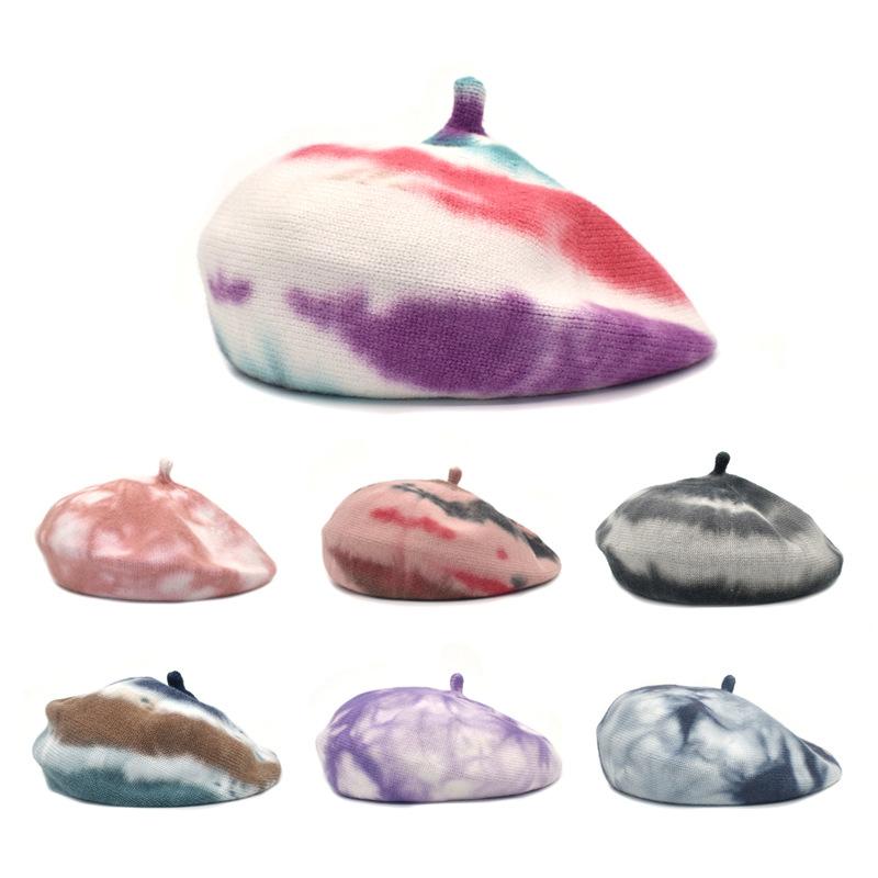 ベレー帽 レディース 女性用 絞り染め タイダイ ニット 画家帽 防寒 保温 日よけ カジュアル 普段使い お出かけ 秋冬 紫 黒 グレー ネイビー ピンク 赤白 青白(x2)(4)