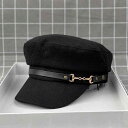 帽子 レディース 秋冬 韓国風 おしゃれ マリンキャップ 平天帽 ウール フェルト 羊毛混 フェイクレザーベルト メタルバックル装飾 ショートブリム つば付き 防寒 保温 カジュアル ブラック 黒(4)