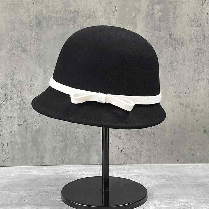 ハット レディース 女性用 秋冬 ウール フェルト バケットハット リボン ショートブリム アシンメトリーつば レトロ クラシック かわいい フェミニン 保温 防風 万能 デイリーユース