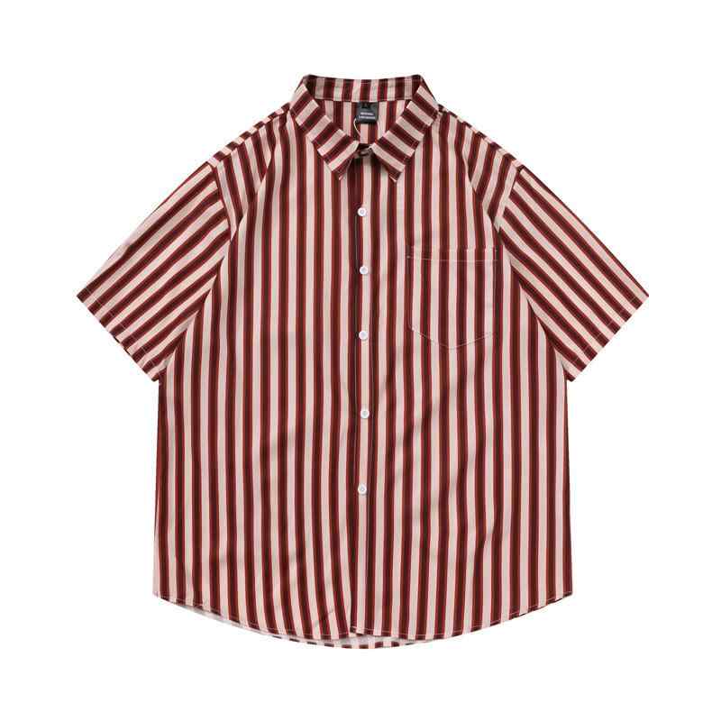 シャツ メンズ 日系 レトロ ビンテージ 縦ストライプ コントラストカラー 半袖 トップス ゆったり ルー..