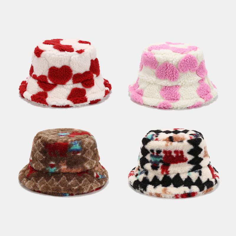 バケットハット レディース 秋冬 ボア フェイクファー 厚手 暖かい 保温 ハート柄 カジュアル 普段使い お出かけ レジャー アウトドア 遮光 UVカット 紫外線対策 ワイドブリム フラットトップ カップル ペア