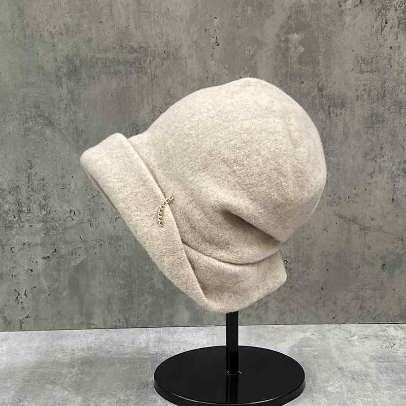 ニットハット レディース パール チェーン オーストラリア ウール 保温 防風 秋冬 上品 フェミニン カジュアル シンプル 柔らかい きれいめ かわいい お出かけ 普段使い つば付き バケットハット(4)