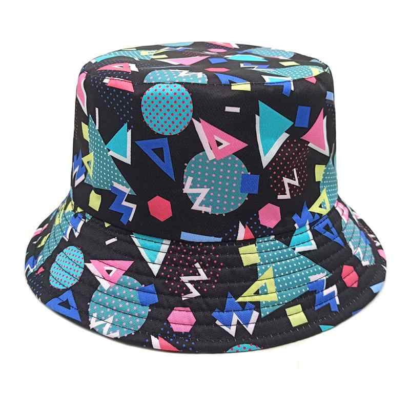 ハット 男性用 幾何学模様 プリント バケットハット おしゃれ レトロ ヴィンテージ感 リバーシブル アウトドア レジャー 日よけ UVカット 紫外線対策 ブルー 青系 ポリエステル素材(4.0)