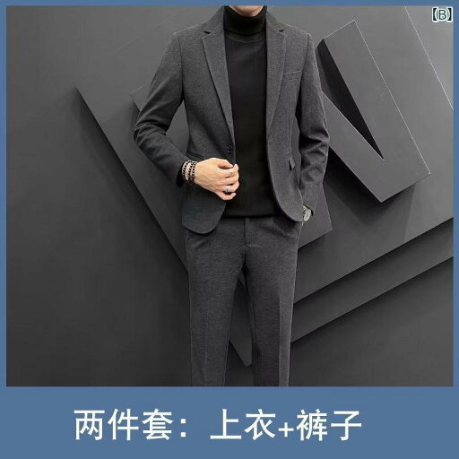 セットアップ メンズ 秋冬 カジュアル ビジネス スリムフィット トレンド ブリティッシュ メルトン ウールブレンド ポリエステル テーラードジャケット パンツ シングルブレスト 1つボタン 無地 通勤 オフィス ブラック グレー 男性用