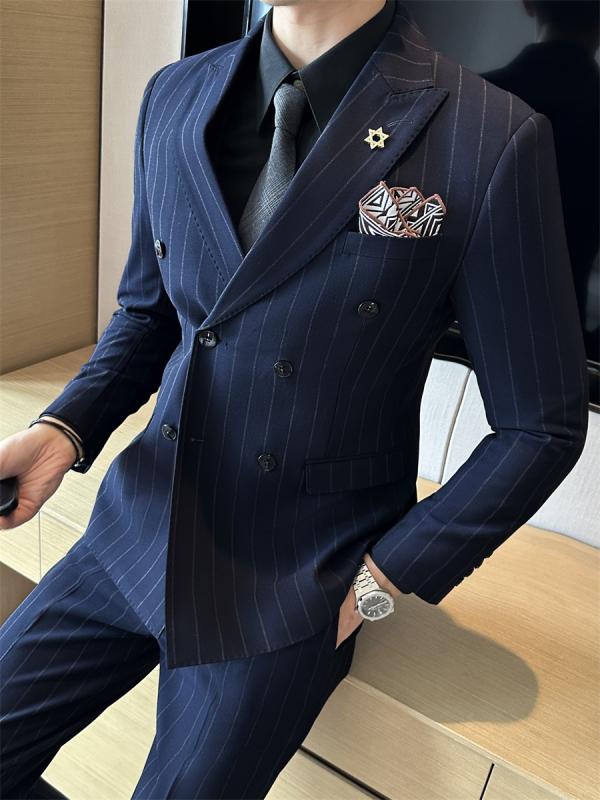 スーツ メンズ 男性用 ダブルブレスト ストライプ スリムフィット セットアップ ビジネス オフィス フォーマル 結婚式 披露宴 冠婚葬祭 新郎 司会者 カジュアル ジャケット スラックス 紺色 ブラック 春秋 しわ防止 化繊混紡