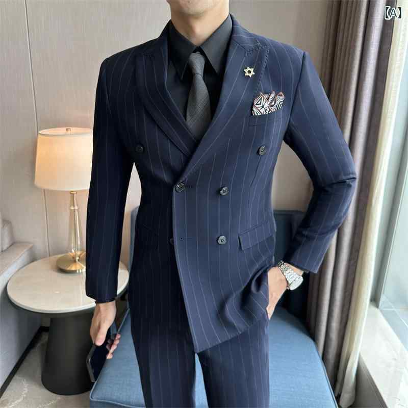 スーツ メンズ 男性用 ダブルブレスト ストライプ スリムフィット セットアップ ビジネス オフィス フォーマル 結婚式 披露宴 冠婚葬祭 新郎 司会者 カジュアル ジャケット スラックス 紺色 ブラック 春秋 しわ防止 化繊混紡