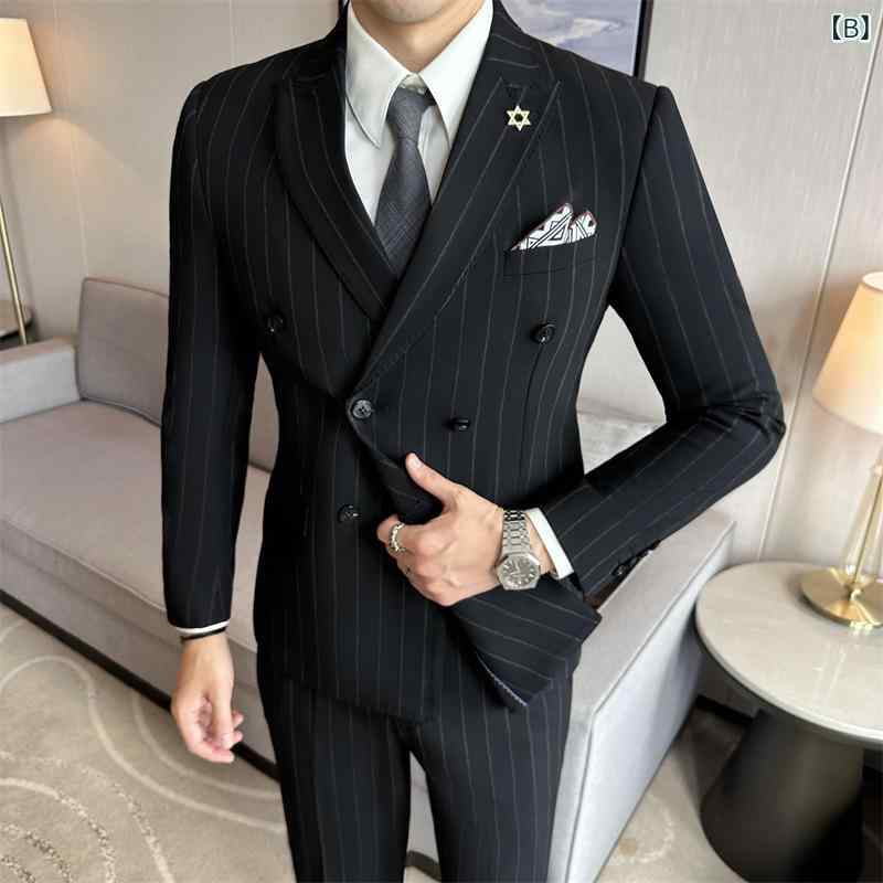 スーツ メンズ 男性用 ダブルブレスト ストライプ スリムフィット セットアップ ビジネス オフィス フォーマル 結婚式 披露宴 冠婚葬祭 新郎 司会者 カジュアル ジャケット スラックス 紺色 ブラック 春秋 しわ防止 化繊混紡