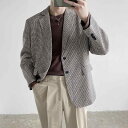 テーラードジャケット メンズ 男性用 秋冬 韓国風 ゆったり ルーズフィット カジュアル チェック柄 グレンチェック ウール混 ポリエステル メルトン ノッチドラペル グレー しわになりにくい ブレザー アウター