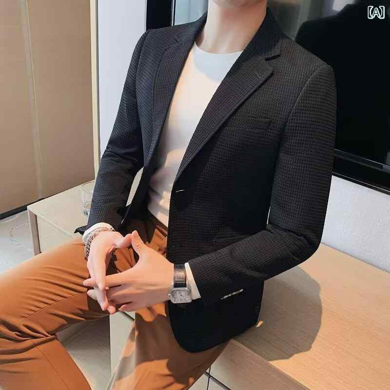 ジャケット メンズ 男性用 ワッフル編み スリムフィット アウター ブレザー ビジネス オフィス カジュアル 普段着 秋冬 テーラードカラー 長袖 ウォッシャブル