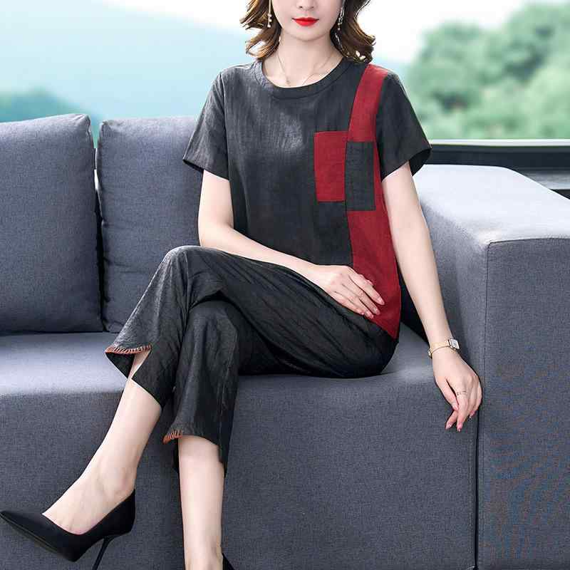 カジュアルセット レディース 夏 新中華風 レトロ エレガント きれいめ Tシャツ トップス ワイドパンツ 袴パンツ 2点セット 上下セット クラック柄 切り替え ゆったり 大きいサイズ ポリエステル