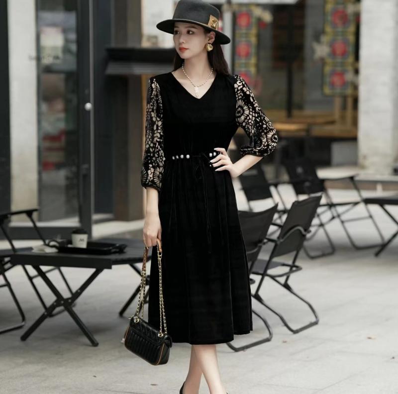 ワンピース レディース 新チャイナ風 レトロ ベロア ドレス エレガント Vネック 長袖 切り替え Aライン ミモレ丈 ポリエステル ママファッション 大人 上品 通勤 オフィス 秋冬