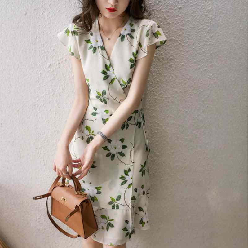 レディース ワンピース エレガント クチナシ 花柄 プリント フェイクシルク シルク調 軽やか ドレープ お出かけ Vネック 半袖 Aライン ハイウエスト ミモレ丈 春夏