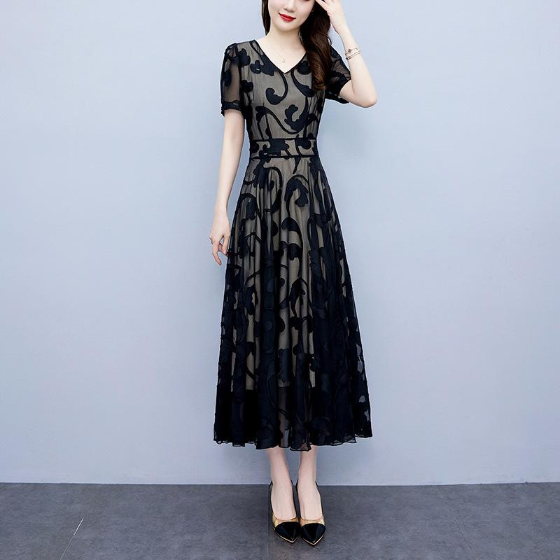 ワンピース レディース シフォン ジャカード ポリエステル 大きいサイズ ぽっちゃり体型 レトロ クラシック Vネック ウエストマーク Aライン 着痩せ 体型カバー ロング丈 ブラック 夏 通勤 お出かけ 普段使い