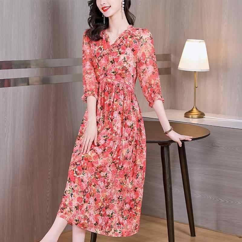 ワンピース レディース Vネック Aライン 切り替え 七分袖 花柄 ミモレ丈 ポリエステル 春夏 エレガント フェミニン かわいい 若見え スリム 体型カバー カジュアル 通勤 お出かけ