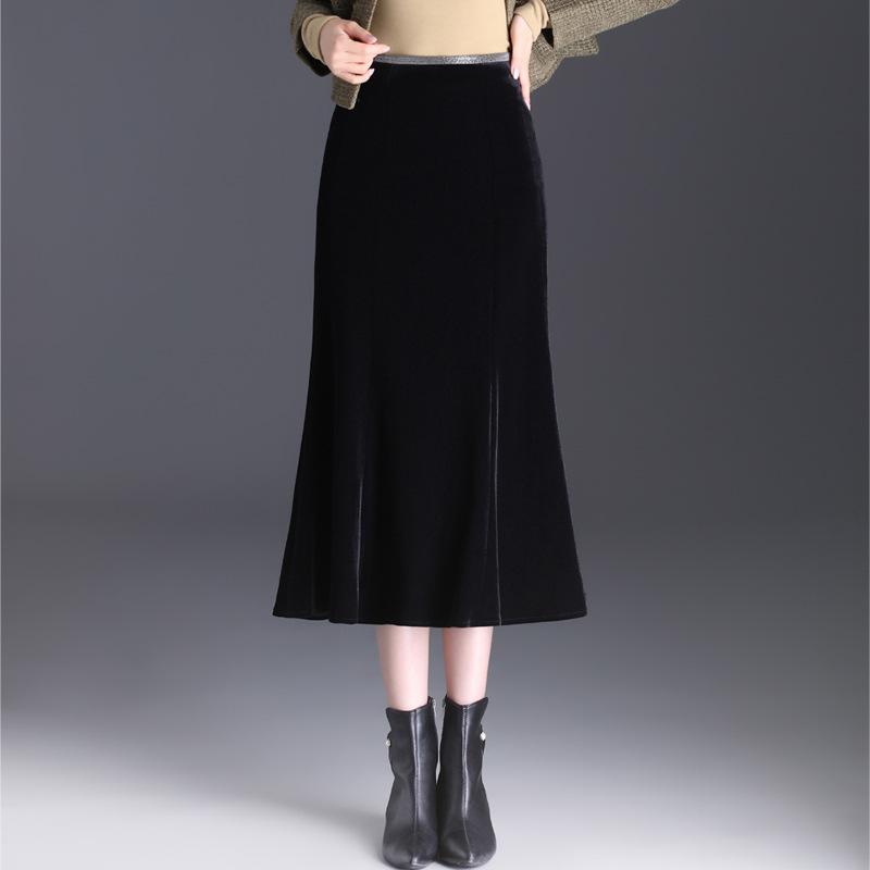 スカート レディース ベロア 光沢感 ポリエステル マーメイド タイト Aライン ウエストゴム バックゴム ミディ丈 ミモレ丈 切り替え 黒 秋冬 オフィス 通勤 きれいめ 上品 デイリー