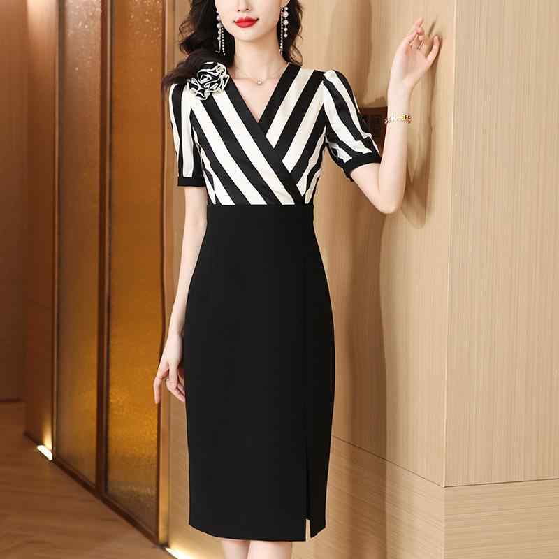 ワンピース レディース ブラック ストライプ Vネック 半袖 ミモレ丈 タイトスカート 切り替え ポリエステル フレンチシック エレガント 上品 通勤 オフィスカジュアル 春夏