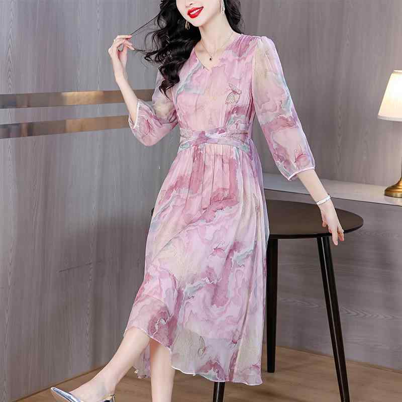 ワンピース レディース ピンク 小花柄 フローラル 春夏 フレンチ エレガント フェミニン ロマンチック 若見え ポリエステル ミモレ丈 Aライン Vネック 七分袖 切り替え 通勤 オフィス(4)