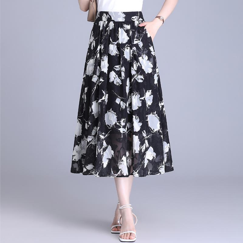 スカート レディース 春夏 花柄 プリント ロング丈 ミモレ丈 Aライン フレア ハイウエスト きれいめ 上品 オフィス 通勤 ポリエステル 伸縮性 体型カバー モノトーン