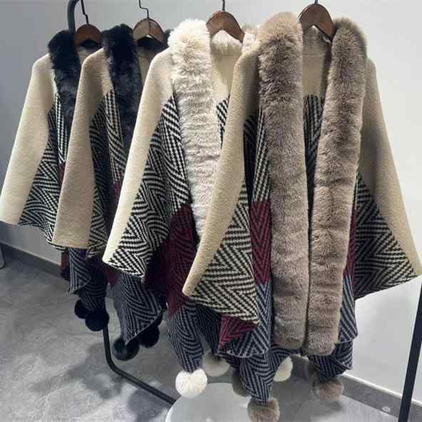 ポンチョ レディース 秋冬 ポリエステル 厚手 幾何学模様 ファー襟付き ミドル丈 ショール マフラー アウター 羽織り 保温性 切り替え エスニック 通勤 通学 普段使い カジュアル