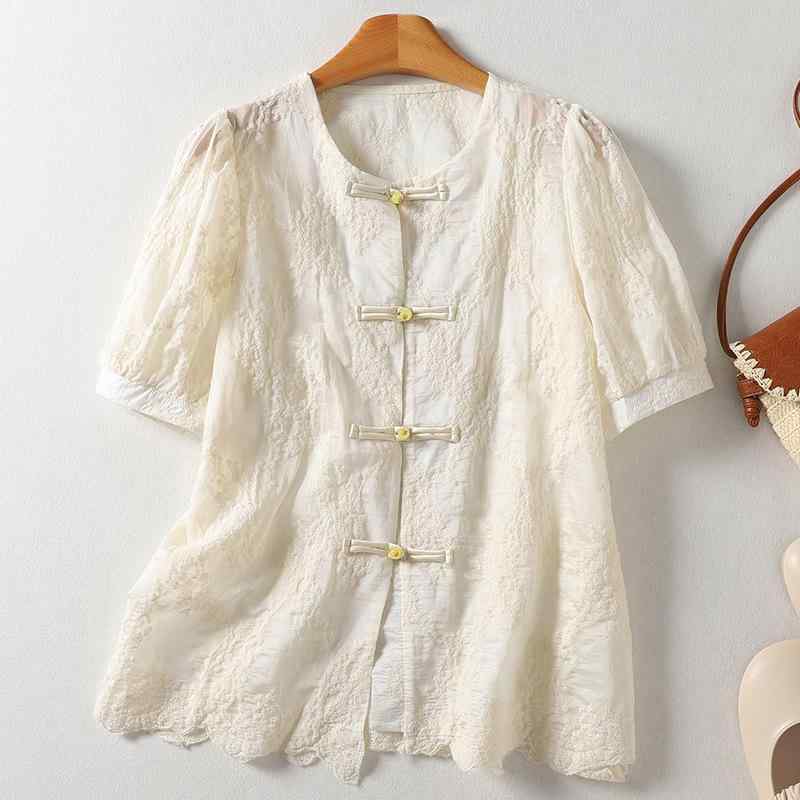 ブラウス レディース 新チャイニーズ風 デザイン 刺繍 レース レトロ チャイナボタン ラウンドネック 半袖 ポリエステル 切り替え アプリコット ベージュ エレガント きれいめ 通勤 オフィス 普段使い 春夏