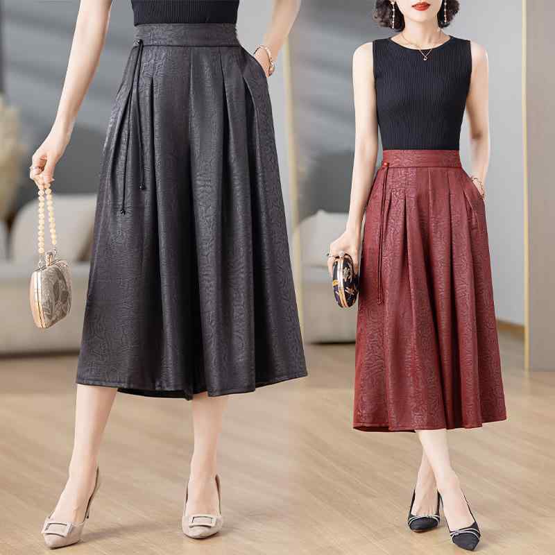 パンツ レディース 夏 レトロ モダンチャイナ 香雲紗風 切り替え Aライン ミディ丈 ウエストゴム 薄手 軽量 微ストレッチ ポリエステル ワイドパンツ きれいめ 通勤 オフィス 普段使い ブラック レッドブラウン