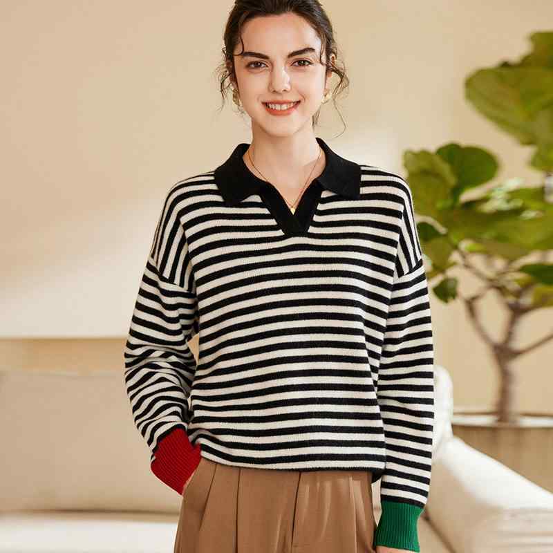 楽天way-ugoニット レディース 女性用 100％カシミヤ 山羊毛 ポロ襟 ストライプ柄 ボーダー 長袖 プルオーバー セーター トップス 厚手 肉厚 ゆったり オーバーサイズ 秋冬 きれいめ 上品 通勤 オフィス カジュアル デイリー