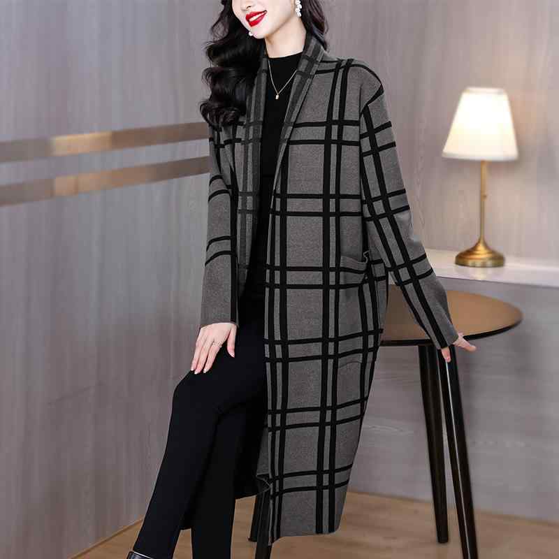 コート レディース ブリティッシュスタイル ニット チェック柄 ウール調 ポリエステル ミドル丈アウター ゆったり オーバーサイズ 上品 エレガント きれいめ 通勤 デイリー 秋冬