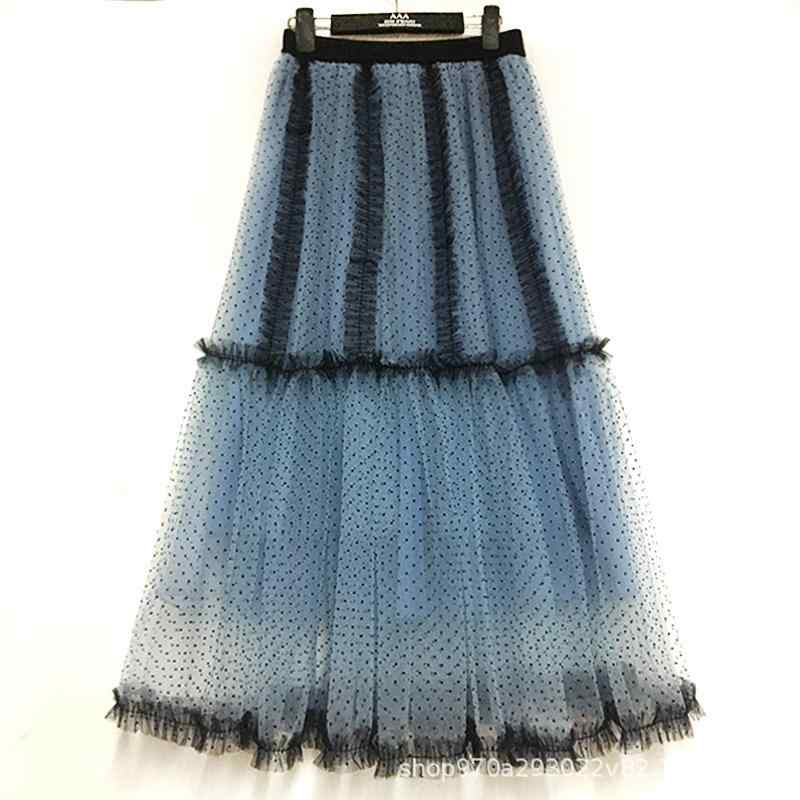 スカート レディース 大きいサイズ ハイウエスト Aライン ロング丈 マキシ丈 水玉 ドット柄 プリント チュール フレア ボリューム シアー感 ウエストゴム フェミニン エレガント 普段使い 春夏 ポリエステル