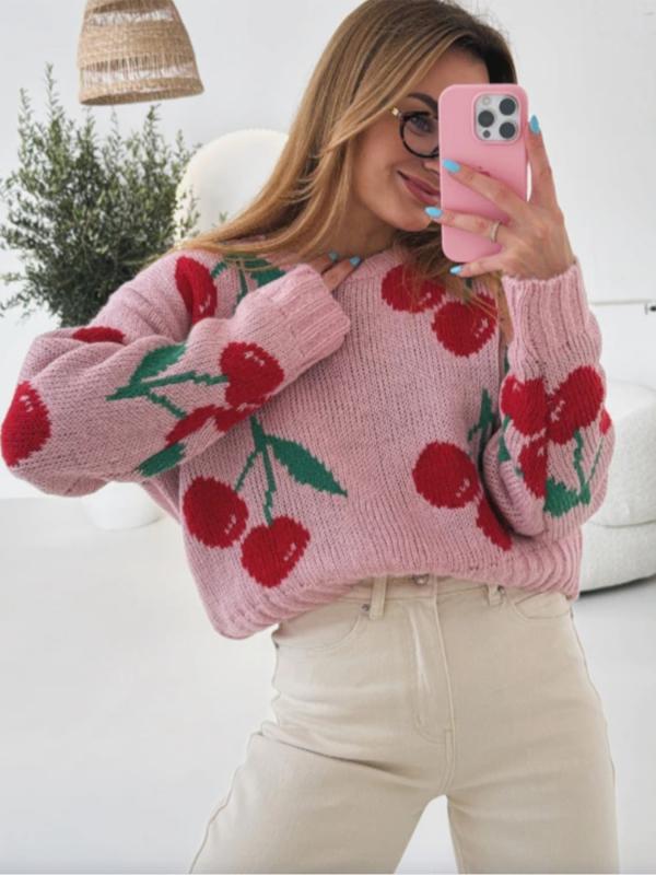 セーター レディース 秋冬 ニットトップス ラウンドネック プルオーバー 長袖 チェリー柄 ジャガード織..