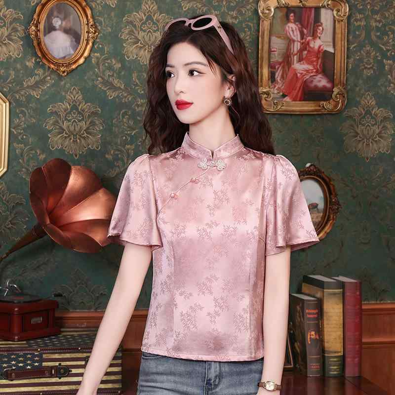 レディース ブラウス ネオチャイナ風 レトロ スタンドカラー 立ち襟 ジャガード織り 飾りボタン チャイナボタン 半袖 高級感 若見え エイジレス きれいめ ピンク ポリエステル 春夏(4)