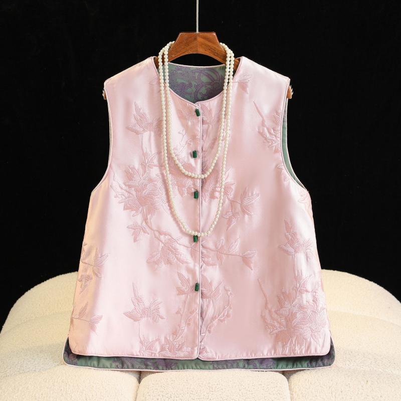 ベスト レディース シングルボタン 豪華刺繍 チャイナ風 切り替え Uネック 春夏 前開き アウター ジレ 上品 エレガント きれいめ ピンク ポリエステル