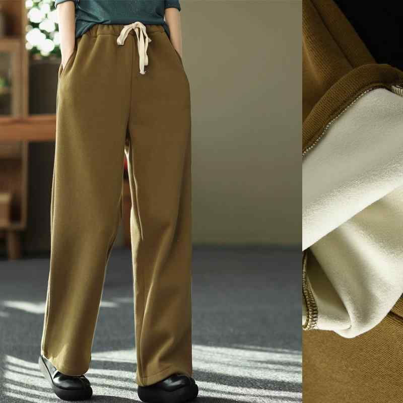 ワイドパンツ レディース ニット 裏起毛 保温 厚手 ウエストゴム ドローストリング ストレッチ ロング丈 ポリエステル カジュアル きれいめ 通勤 オフィス 秋冬