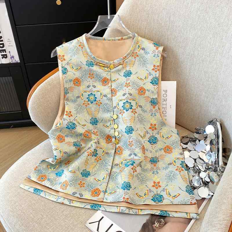 ベスト レディース 新チャイナ風 宋錦風 ジャカード 花柄 ボタニカル柄 ラウンドネック 前開き シングルボタン 切り替えデザイン ポリエステル 小柄向け エレガント 上品 きれいめ 通勤 オフィス 羽織り 春夏