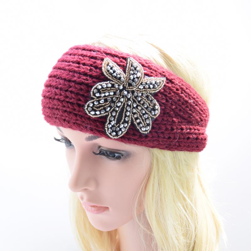 ヘアバンド レディース 女性用 秋冬 欧米風 毛糸 ニット 手編み クリスタル 花柄 リーフデザイン 暖か..