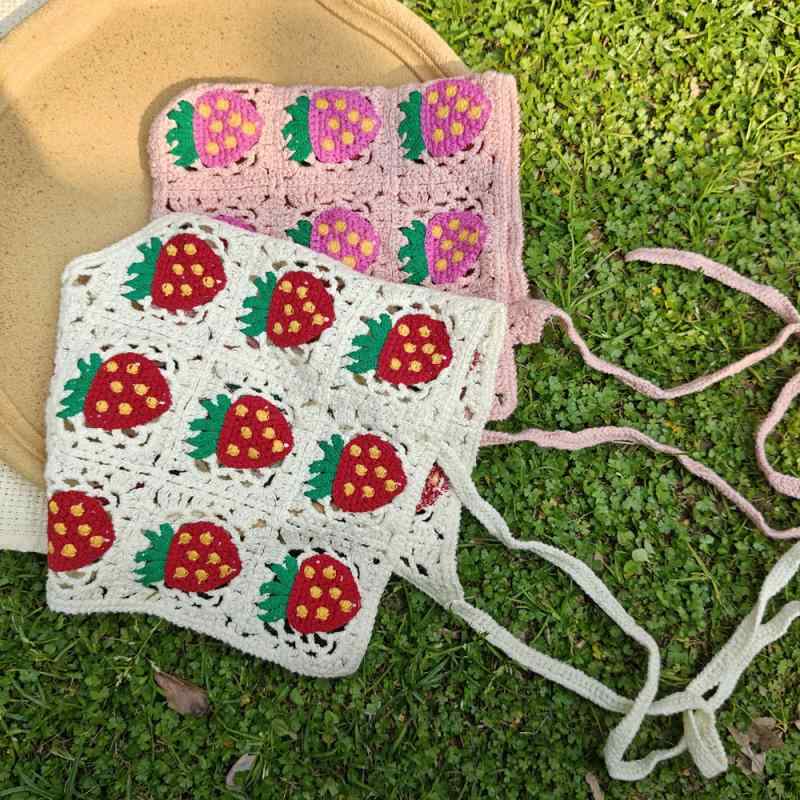 ヘアバンド ワイド ニット かぎ針編み イチゴ柄 デイジー 花モチーフ 三角バンダナ ドパミンカラー 配色デザイン 田園風 ボヘミアン レトロ かわいい ガーリー 春夏 カラフル