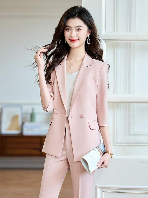 スーツ セットアップ レディース 七分袖 薄手 春夏 ジャケット フレアパンツ ビジネス フォーマル 面接 オフィス 通勤 仕事着 ポリエステル ストレッチ ブラック ピンク グレー ネイビー