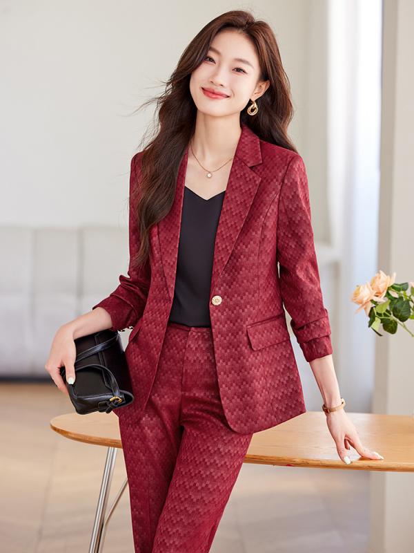 セットアップ レディース チェック柄 テーラードジャケット 長袖 ロングパンツ ポリエステル スパンデックス オフィス ビジネス 通勤 カジュアル きれいめ エレガント 春夏 秋冬