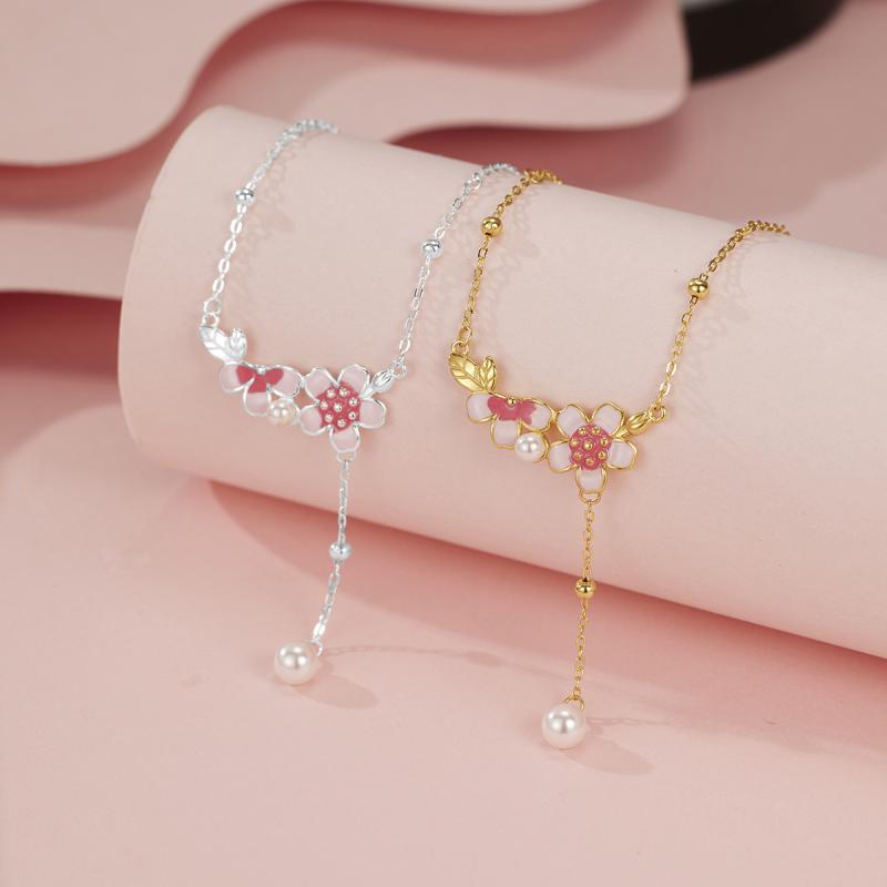 楽天way-ugoネックレス レディース S925純銀 桃の花 フラワーモチーフ エナメル加工 樹脂 フェミニン かわいい 華奢 上品 鎖骨チェーン ペンダント デイリー ゴールド シルバー