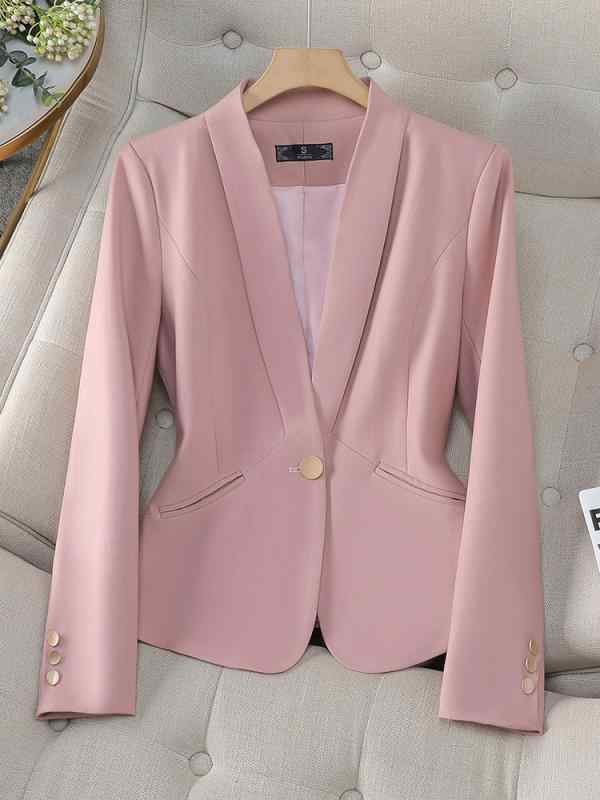 ・柄: 無地・フィット: スリム・丈: 普通・ネックライン: ノーカラー・袖丈: 長袖・袖タイプ: レギュラー・デザイン: 立体柄・加工: ノーアイロン・主な素材: ポリエステル95%、スパンデックス5%・カラー展開: ピンク、ベージュ、ブラック・サイズ展開: S、M、L、XL、2XL、3XL、4XL・スタイル: オフィスカジュアル・前立て: 1つボタン・性別: レディース・カテゴリ: ジャケット