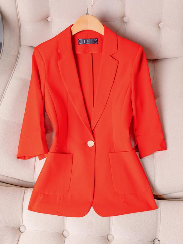 テーラードジャケット レディース 女性用 柿色 オレンジ系 一つボタン 薄手 ショート丈 七分袖 低身長..