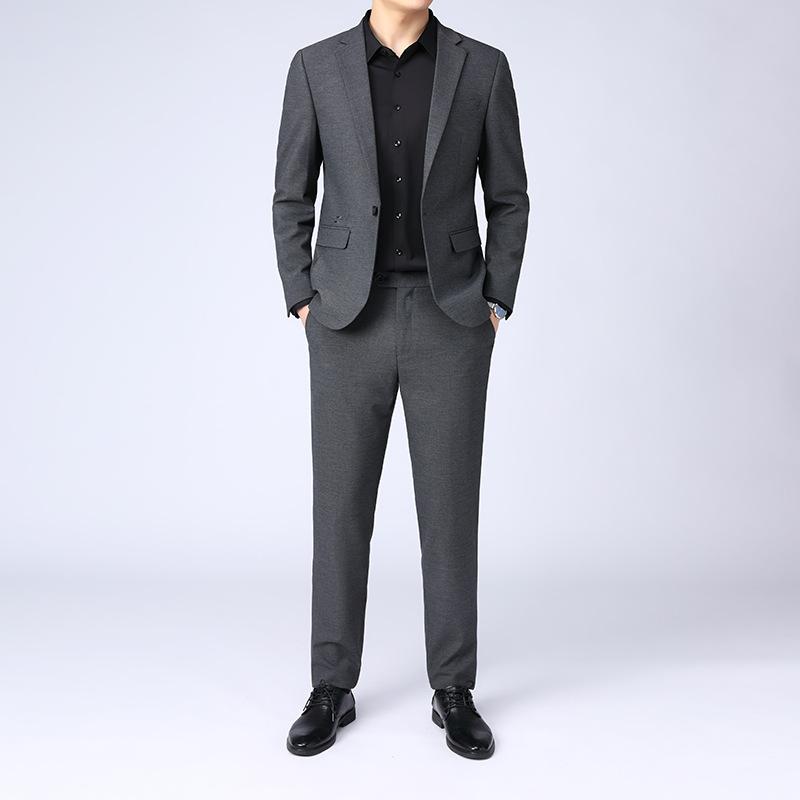 スーツ メンズ スリムフィット 軽量 ウールブレンド ストレッチ ビジネス フォーマル カジュアル 通勤 韓国ファッション 無地 春秋 テーラードジャケット 2点セット ツーピース グレー