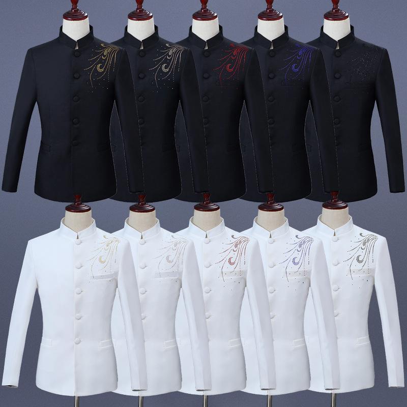 ステージ衣装 メンズ 男性 中国風 中式礼服 唐装 スリムフィット シングルブレスト 一ツ釦 フォーマル 舞台 パフォーマンス 大合唱 発表会 宴会 パーティー ライトビジネス 化学繊維混紡 オールシーズン セットアップ