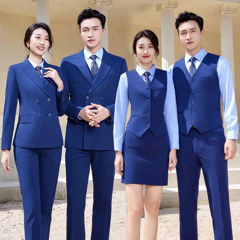 スーツ 男女兼用 秋冬 ロイヤルブルー ダブルブレスト ビジネス フォーマル セットアップ オフィス 通勤 接客 正装 制服 麻混紡 スリムフィット
