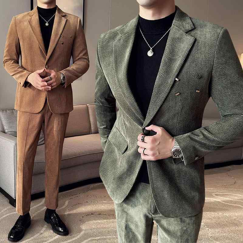 スーツ メンズ 無地 コーデュロイ セットアップ ビジネス カジュアル 普段使い 通勤 オフィス スリムフィット 細身 高級感 ポリエステル素材 中厚手 テーラードカラー 秋冬 ジャケット 上着 アウター