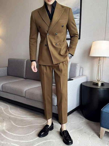 スーツ メンズ 男性用 秋冬 厚手 ダブルブレスト ピークドラペル ウール混 メルトン調 2点セット ジャケット パンツ スリムフィット ビジネス オフィス フォーマル 結婚式 ブラック キャメル 防寒 アセテート繊維 高級感