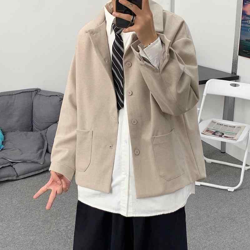 テーラードジャケット メンズ 秋冬 韓国風 ゆったり オーバーサイズ カジュアル ブレザー 学生 通学 アウター 羽織り ポリエステル カーキ ブラック ビッグシルエット