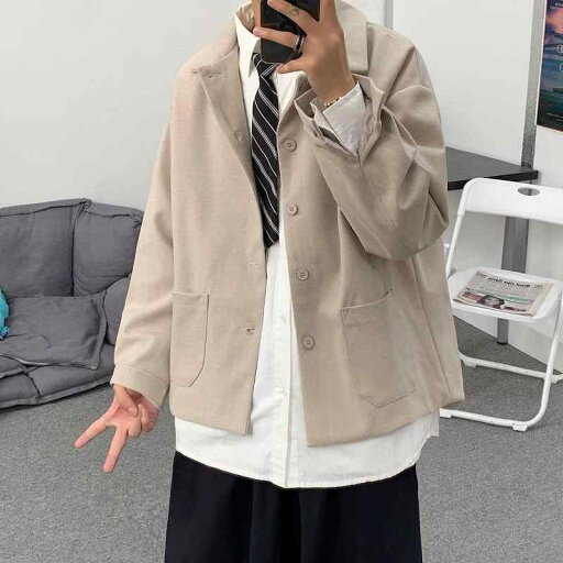 テーラードジャケット メンズ 秋冬 韓国風 ゆったり オーバーサイズ カジュアル ブレザー 学生 通学 アウター 羽織り ポリエステル カーキ ブラック ビッグシルエット テーラードジャケット メンズ 秋冬 韓国風 ゆったり オーバーサイズ カジュアル ブレザー 学生 通学 アウター 羽織り ポリエステル カーキ ブラック ビッグシルエット